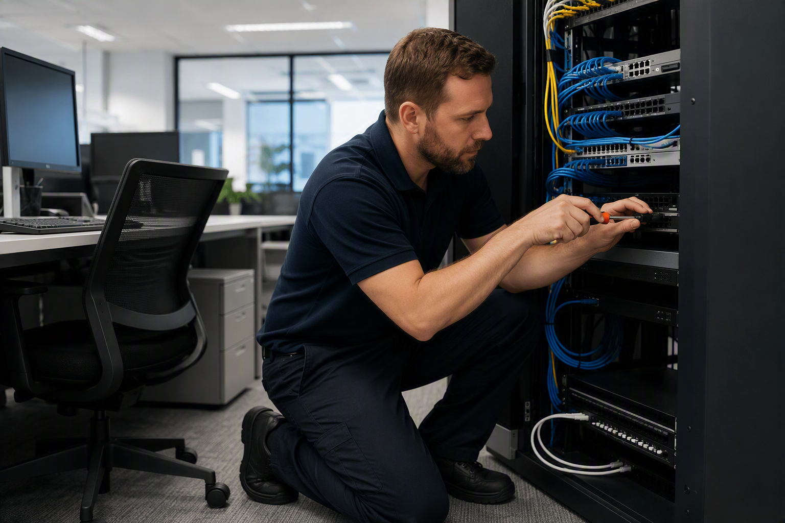Technician installing equipment